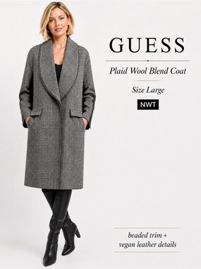 GUESS NWT Black White Plaid Wool Blend Beaded Vegan Leather Coat Large